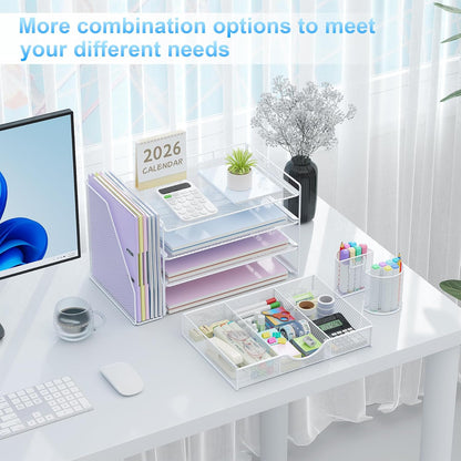 gianotter Desk Organizers and Accessories with File Holder, 4-Tier Desk Accessories & Workspace Organizers with Drawer and 2 Pen Holder, Paper Organizer for Office Supplies (Rose Gold)