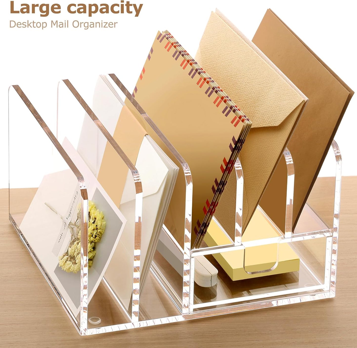 SANRUI Acrylic Mail Sorter Desktop Organizer Holder, 2 Compartments Clear Small File Script Letter Office Document Storage for Desk Bill Filling Envelope Holder Office, Home, School Desk Organization