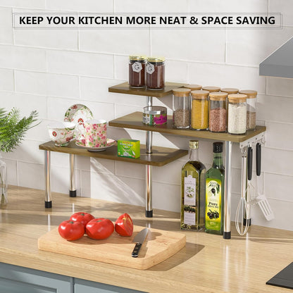 ZHWS Kitchen Countertop Organizer Spice Rack for Salt, Bathroom Counter Organizer Over Sink for Makeup, Skincare, Adjustable 3-Tier Corner Counter Shelf with 4 Hooks for Coffee Bar Dresser Table