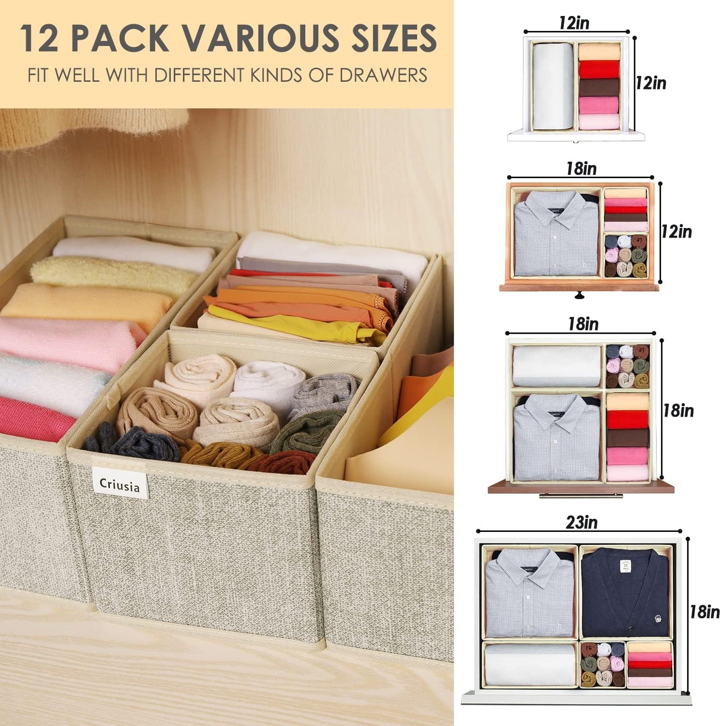 Criusia Foldable Underwear Drawer Organizer, Closet Dividers, Storage Box for Clothes, Socks (6 Bins, Gray)