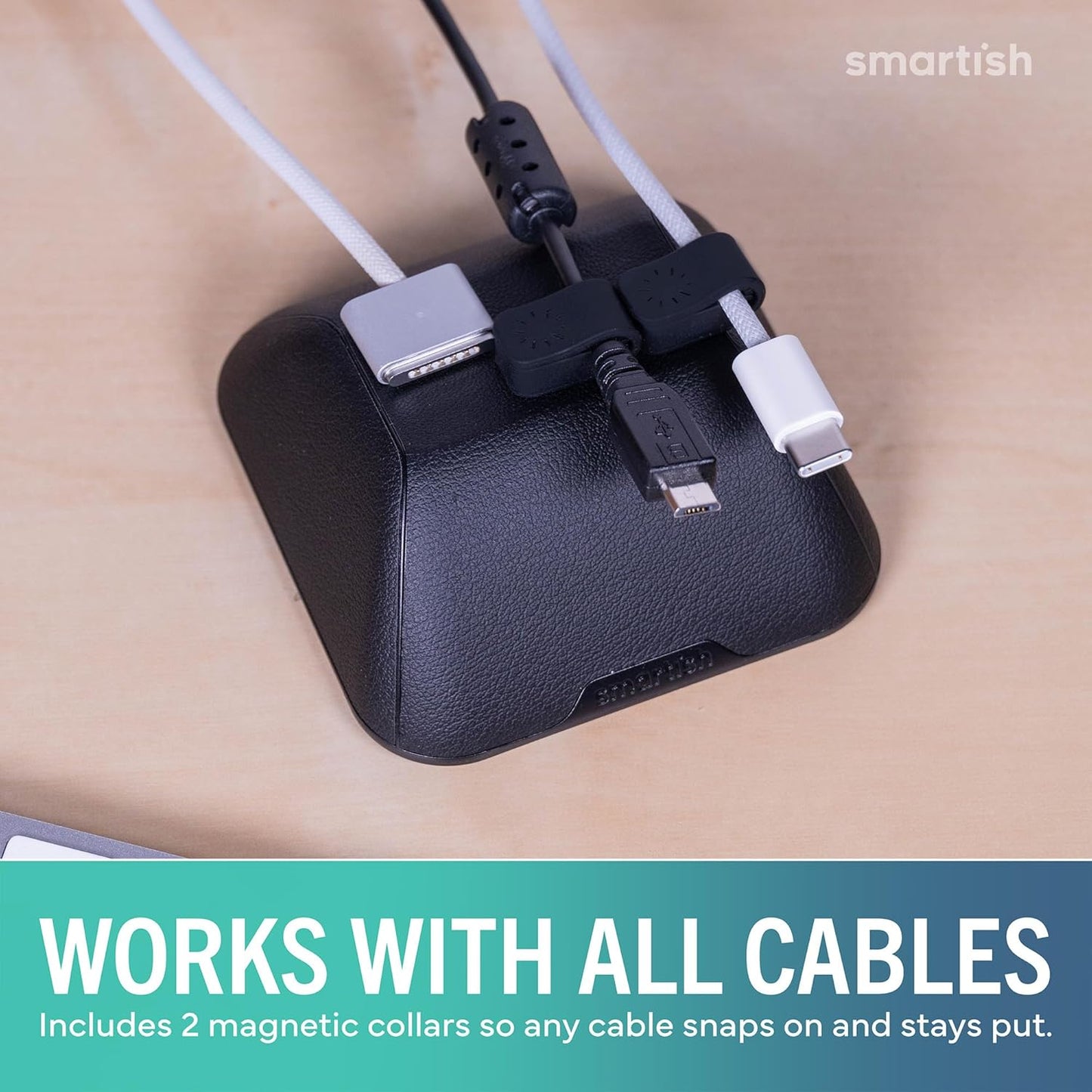 Smartish® Magnetic Cord Holder - Cable Wrangler Organizer with Magnet Clips for Charger Management on Desktop, Nightstand for USB-C + Lightning - Lightly Toasted Beige
