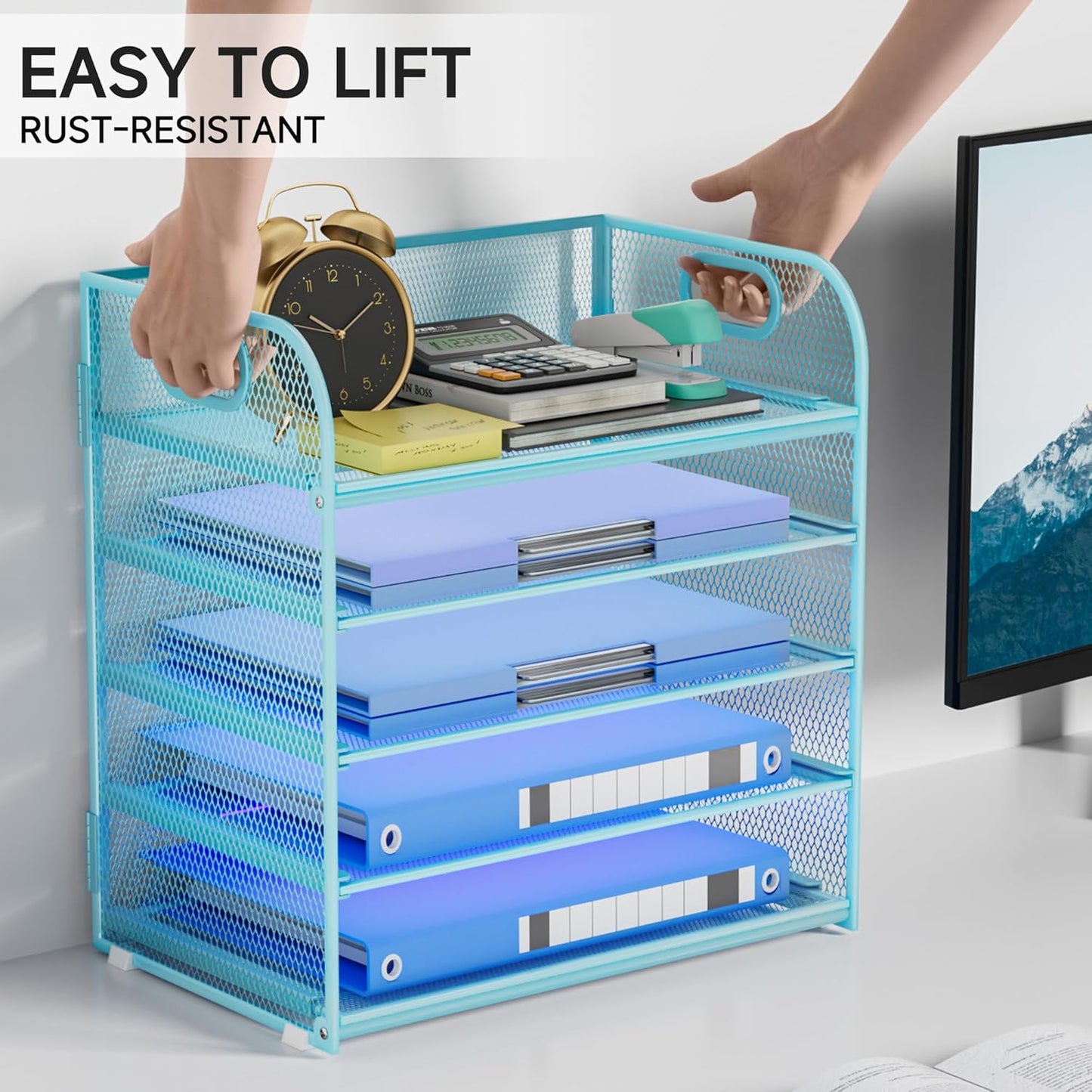 Paper Organizer Letter Tray with Handle, 5-Tier Black Stackable Desk Organizer with Metal Mesh, Sturdy Paper Tray for Office Desk, Home & Classroom Supplies Storage