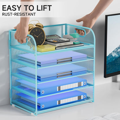 Paper Organizer Letter Tray with Handle, 5-Tier Black Stackable Desk Organizer with Metal Mesh, Sturdy Paper Tray for Office Desk, Home & Classroom Supplies Storage