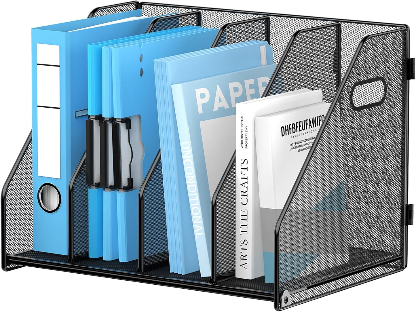 SUPEASY Binder Organizer, Magazine File Holder with 5 Vertical Compartments Rack, Metal Desk File Organizer & Binder Holders, Magazine Organizers for Office Desktop, Home, School, Classroom (Black)