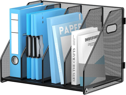 SUPEASY Binder Organizer, Magazine File Holder with 5 Vertical Compartments Rack, Metal Desk File Organizer & Binder Holders, Magazine Organizers for Office Desktop, Home, School, Classroom (Black)