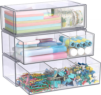 Acrylic Pencil Drawer with Removable Dividers Clear Pull Out Pen Drawer Organizer Stackable Bathroom Organizer for Makeup, Cosmetics, Office Supplies,3 Pack