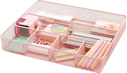 Annova Desk Drawer Organizer Tray for Office Organization - Metal Mesh - Storage Tray with Dividers for Pens, Desktop Accessories, Bathroom, Kitchen, Makeup and Office Supplies (Small, Gold)