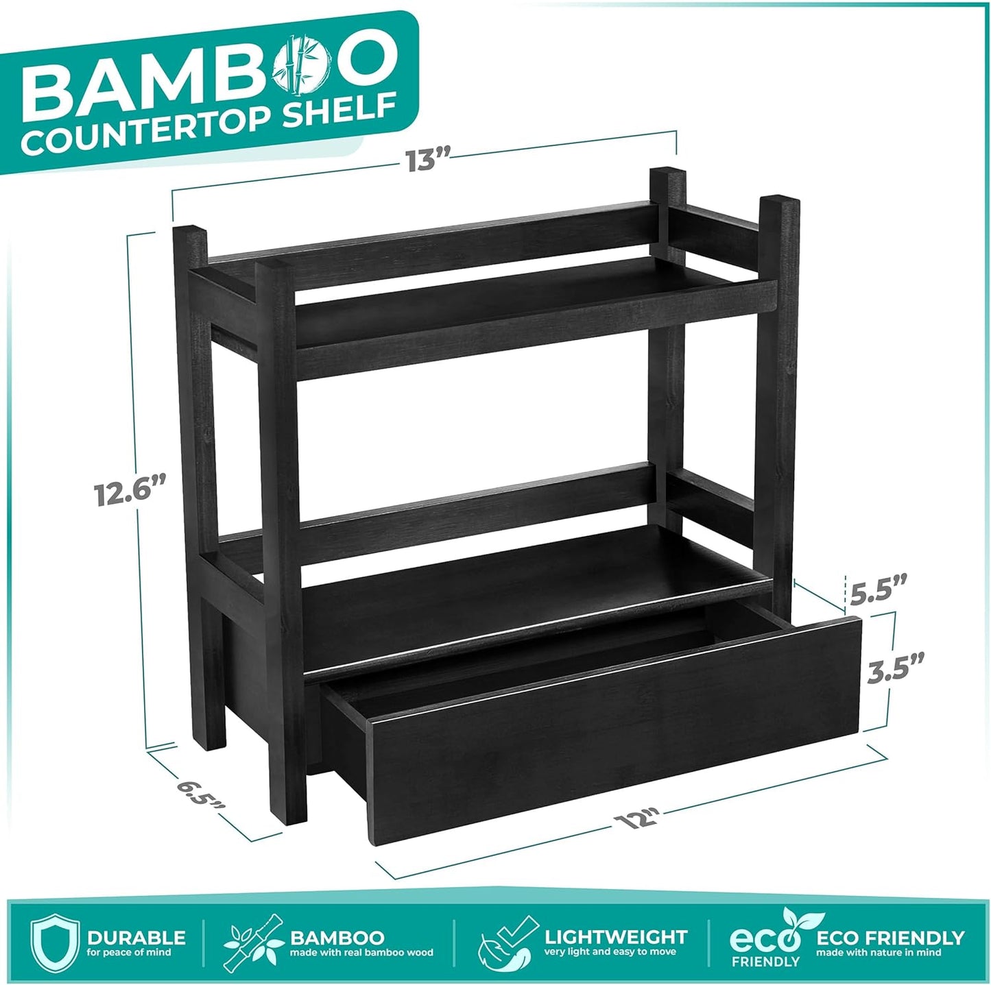 Sorbus Bamboo Bathroom Counter Organizer – 2-Tier Shelf with Hidden Drawer for Vanity, Matcha Station, Bathroom Sink Organizer Countertop, Kitchen & Office Storage (13″ L x 6.5″ W x 12.6″ H)