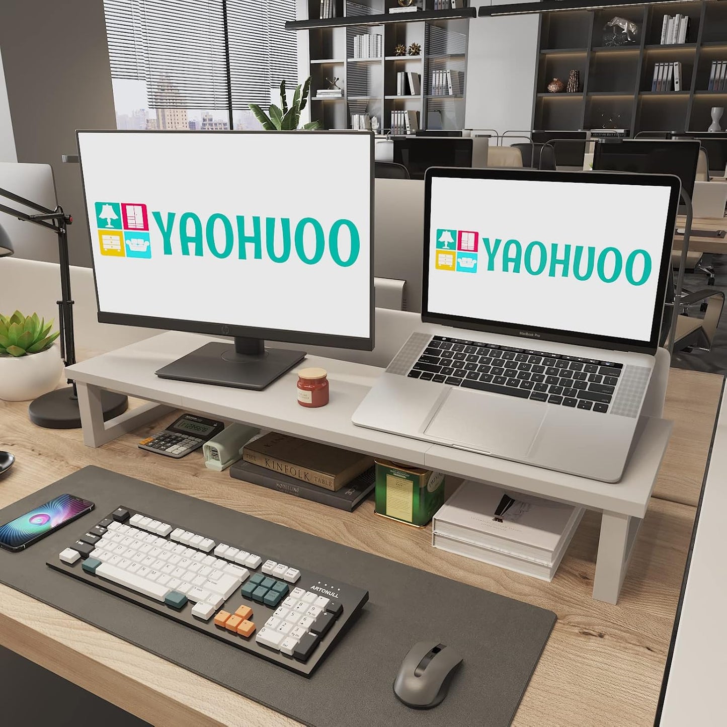 YAOHUOO Dual Monitor Stand Riser, 39Inch Large Monitor Stands for 2 Monitors, Computer Monitor Stand, Wooden Desktop Oraganizer Shelf for Office Desk Computer,Laptop,TV