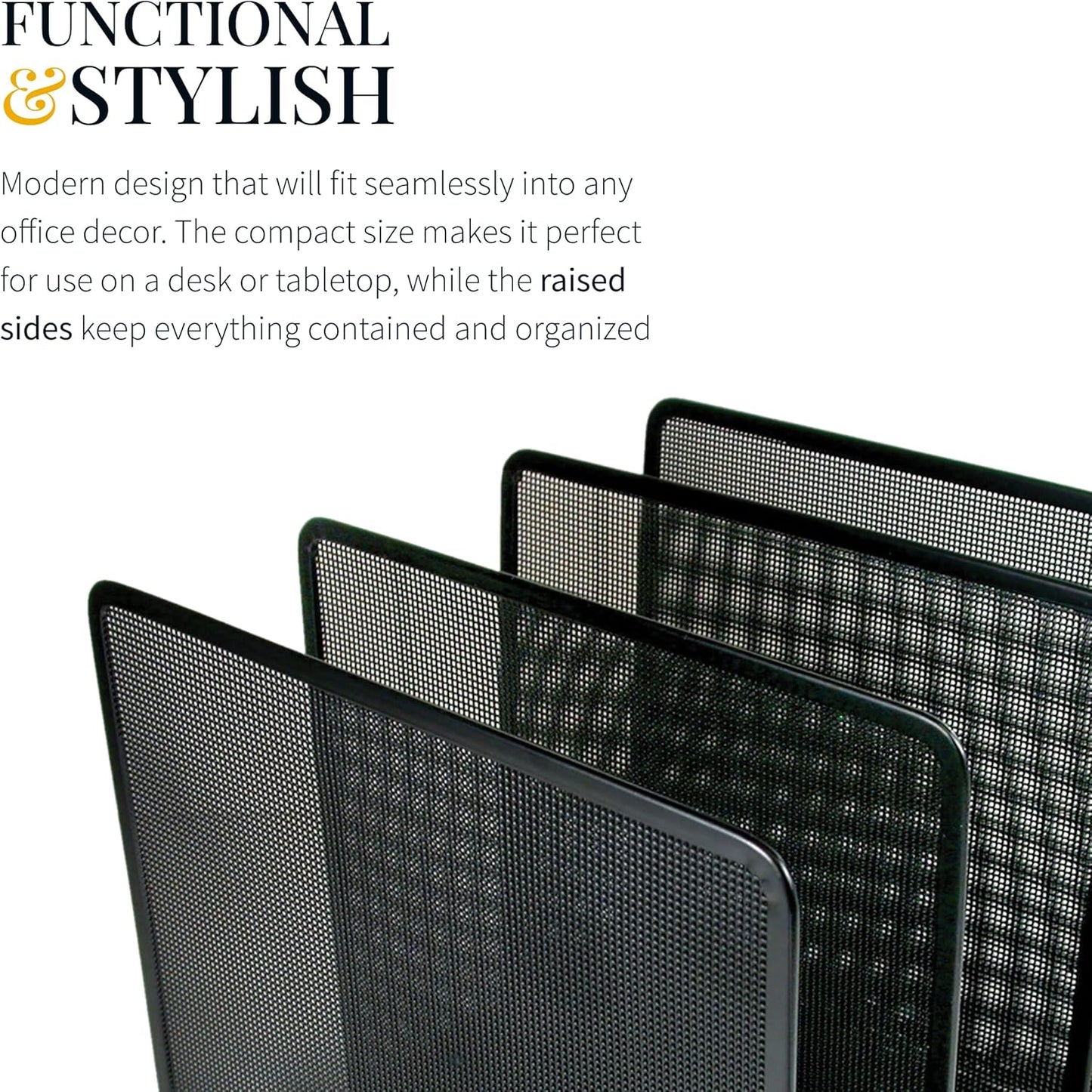 Artistic Contemporary Mesh Metal Desktop File Sorter for Neat and Organized Surfaces in Office, School, and Home, Black