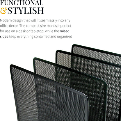 Artistic Contemporary Mesh Metal Desktop File Sorter for Neat and Organized Surfaces in Office, School, and Home, Black