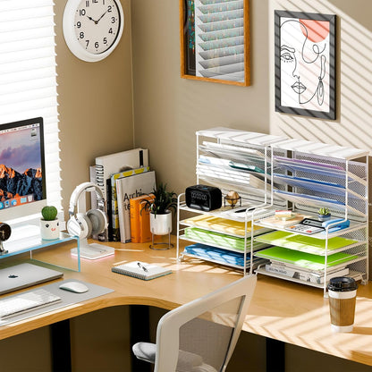Simple Trending 7 Tier Desk File Organizer, Letter Tray Paper Organizer with Pen Holder and Metal Hanging Basket, Black