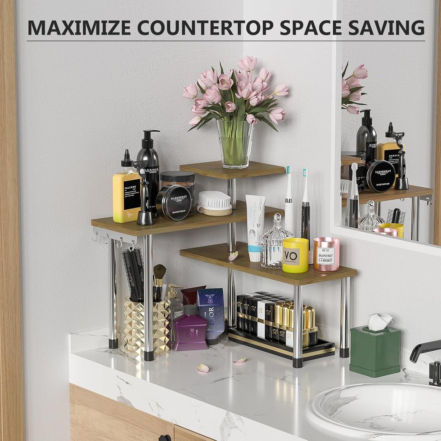 ZHWS Kitchen Countertop Organizer Spice Rack for Salt, Bathroom Counter Organizer Over Sink for Makeup, Skincare, Adjustable 3-Tier Corner Counter Shelf with 4 Hooks for Coffee Bar Dresser Table