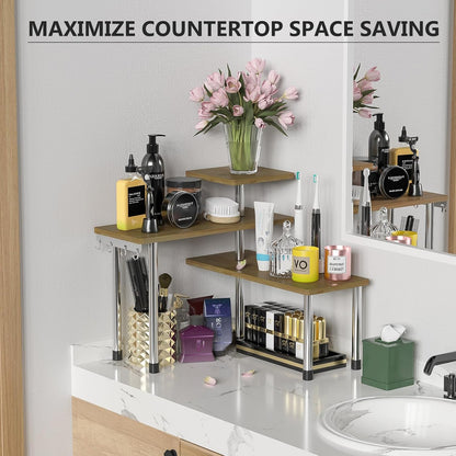 ZHWS Kitchen Countertop Organizer Spice Rack for Salt, Bathroom Counter Organizer Over Sink for Makeup, Skincare, Adjustable 3-Tier Corner Counter Shelf with 4 Hooks for Coffee Bar Dresser Table