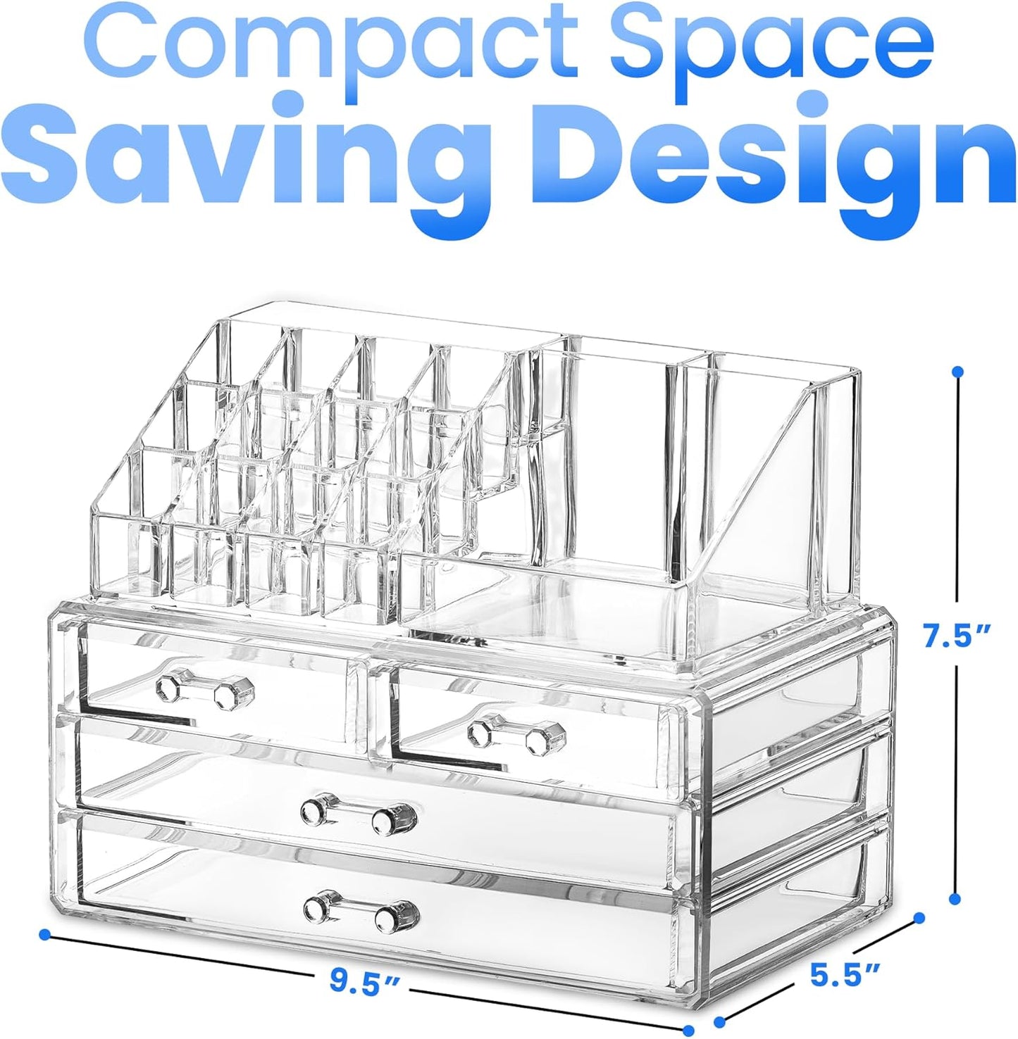 Masirs Clear Makeup Organizer - 16-Compartment Cosmetic and Jewelry Holder with 4 Drawers - Vanity Storage Box for Makeup, Skincare, Accessories, and Jewelry Display