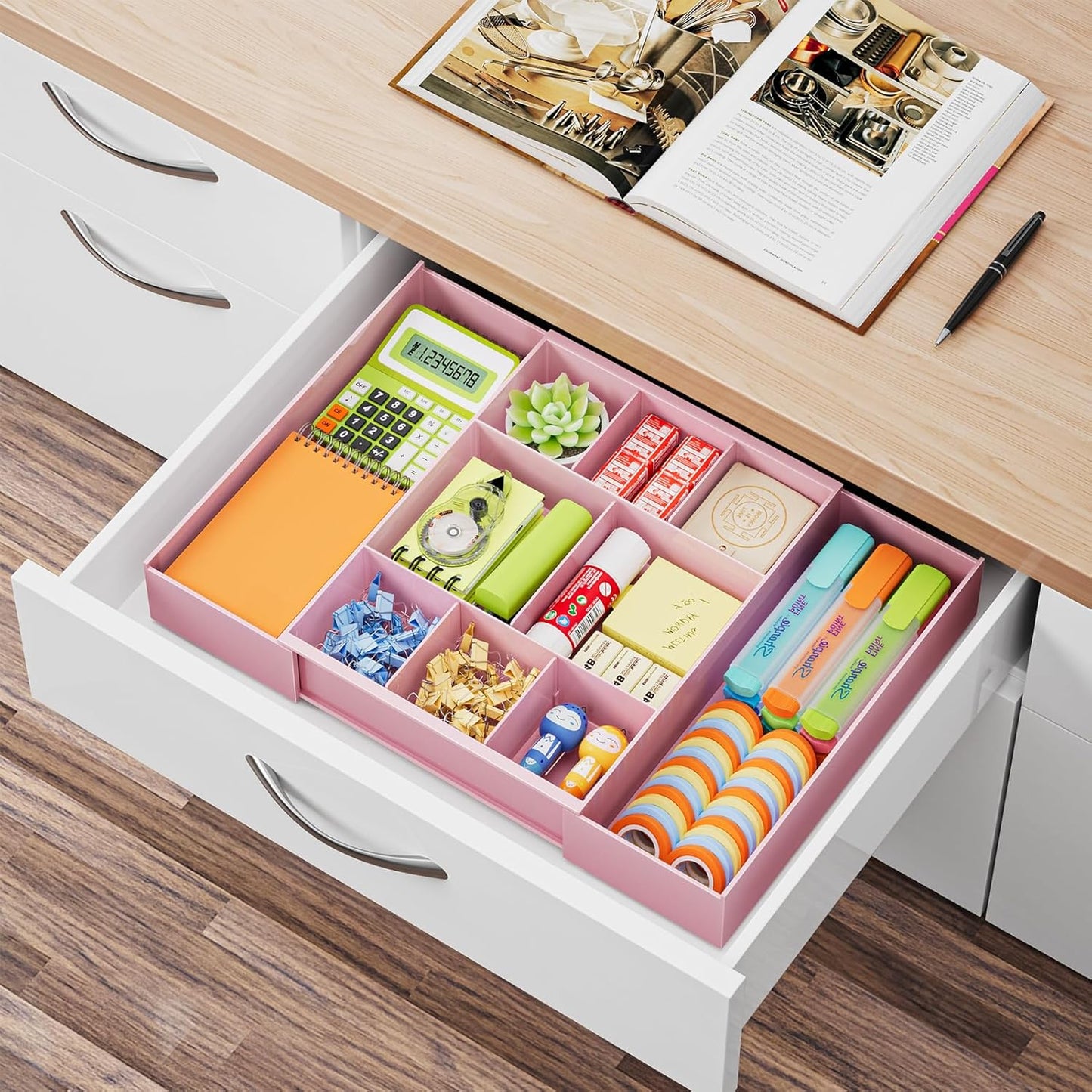 Marbrasse Expandable Desk Drawer Organizer, Clear Plastic Drawer Organizer Tray with 10 Adjustable Compartments, Desk Organizers and Accessories, 5 Drawer Dividers for Office Supplies, Makeup(Black)