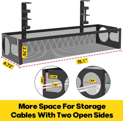 Under Desk Cable Management Tray No Drill 15.1’’, Metal Mesh Cable Management Box with Hybrid Side Slots Cable Raceway,Adjustable Cable Tray with Wire Management for Office Home,1 Pack (Black)