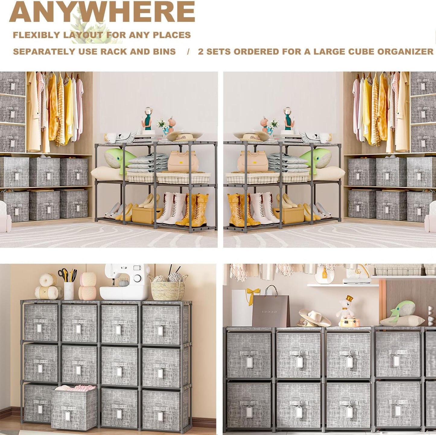 LUKYTOWER Cube Storage Organizer Shelf with Printed Bins + Labels, Cubby Storage Organizer with Bins, Large Capacity Shelves for Storage,Closet, Living Room, Dorm, Yarn (Grey, 6 Cube)