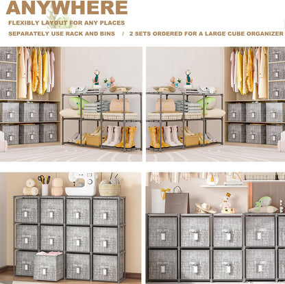 LUKYTOWER Cube Storage Organizer Shelf with Printed Bins + Labels, Cubby Storage Organizer with Bins, Large Capacity Shelves for Storage,Closet, Living Room, Dorm, Yarn (Grey, 6 Cube)