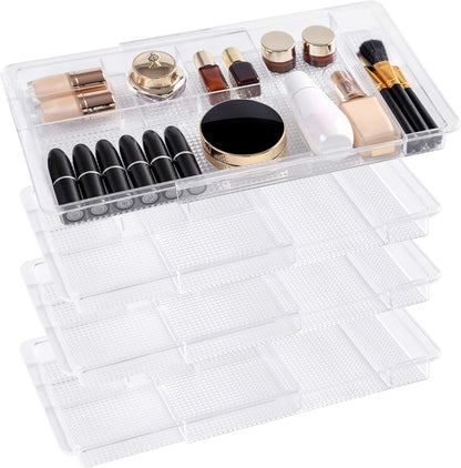 Oubonun Expandable Drawer Organizer 11.1” to 19.2” Width, Shallow Cosmetic Organizer 1.3” Height, 2 Packs, Clear Plastic Storage Trays for Dressing Table,Bathroom