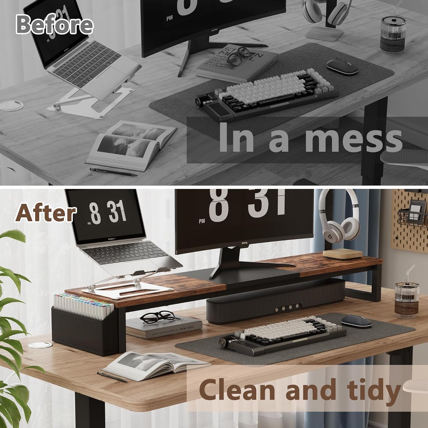 LAND·VOI Heavy Duty Dual Monitor Stand, Holds 2 Screens Up to 27 Inches, Adjustable Length and Angle Monitor Riser, Desk Organizer with Side Pockets and Drawers, Home Office Desk Storage, Rustic Brown