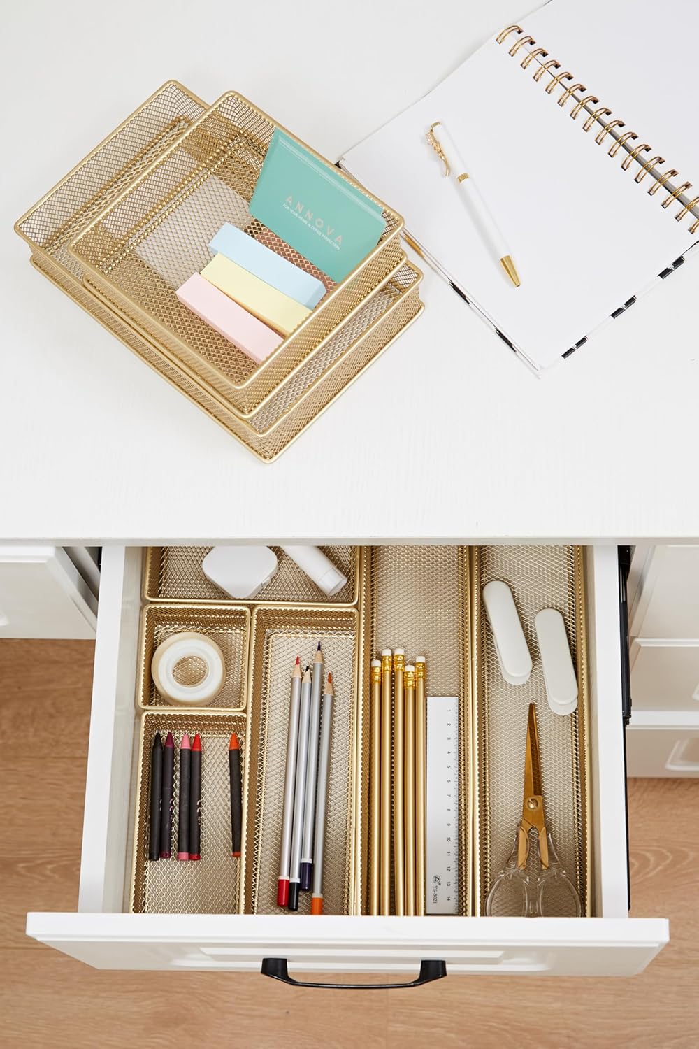 Annova Stackable Mesh Drawer Cabinet and Shelf Organizer Bins Storage Basket School Office Supply Holder Tray- Set of 2 (Gold, 3x3x2 Inch)