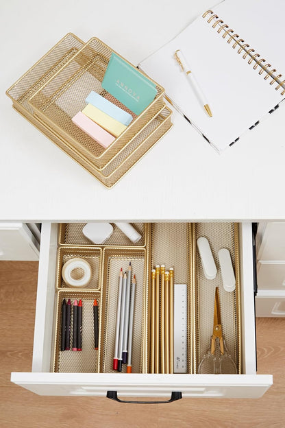 Annova Stackable Mesh Drawer Cabinet and Shelf Organizer Bins Storage Basket School Office Supply Holder Tray- Set of 2 (Gold, 3x3x2 Inch)