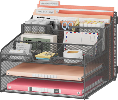 Lavatino Desk Organizer - Metal Mesh with 2 Paper Letter Trays, 7 Flexible Dividers, 2 Vertical File Holders for Office/Home/Classroom Supplies, Desk Organizers and Accessories, Black