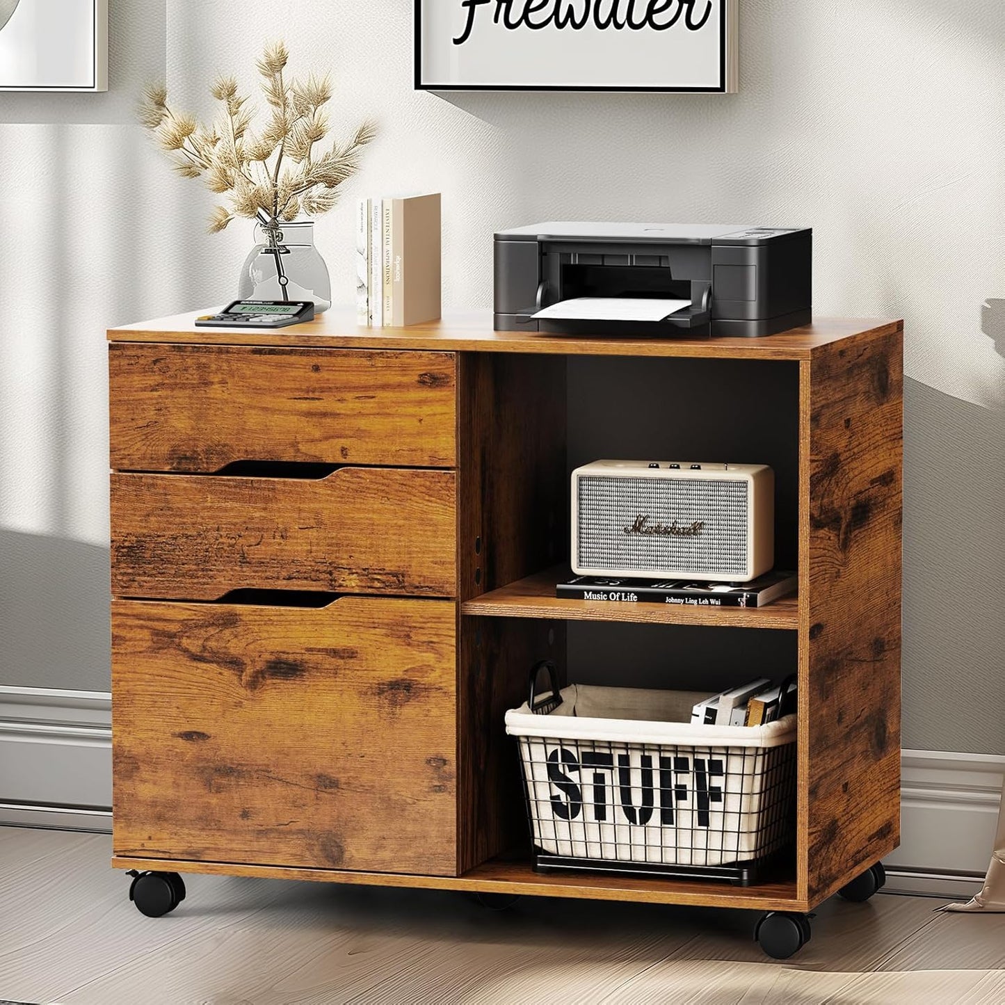 DUMOS Lateral File Cabinet with 3 Drawers Rolling Filing Cabinets Under Desk Storage Printer Stand Wood Organizer with Wheels Adjustable Shelf for Office Home Small Space, White
