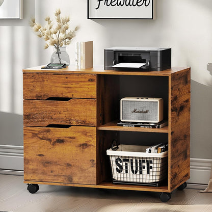 DUMOS Lateral File Cabinet with 3 Drawers Rolling Filing Cabinets Under Desk Storage Printer Stand Wood Organizer with Wheels Adjustable Shelf for Office Home Small Space, White