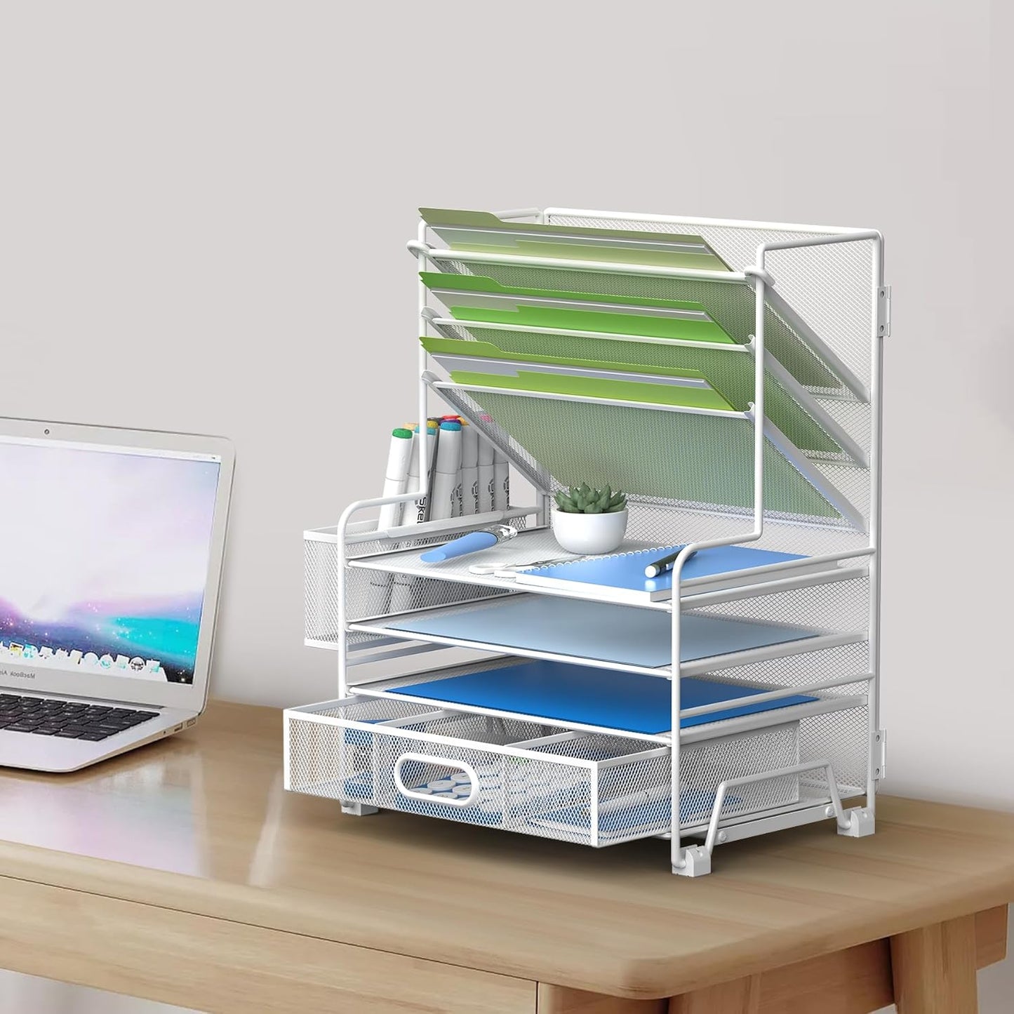 MINDEPOT 4-Tier Paper Organizer + 3-Pocket File Holder + Drawer + Pen Holders, Desktop File Organizers Paper Tray for Office Accessories School Classroom Organization (Black)