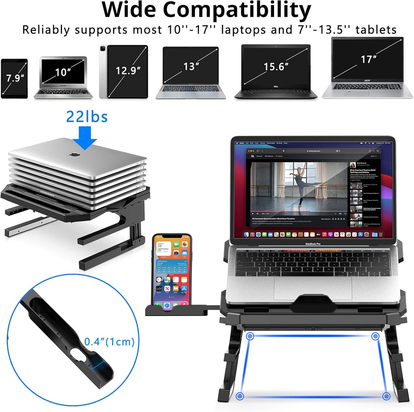 AboveTEK Laptop Stand, 20 Angles Two-Layer Height Adjustable Laptop Stands, Portable Laptop Riser with 360 Rotating Base Storage Space & Extra Phone Holders Compatible with 10''-17'' Laptops Black
