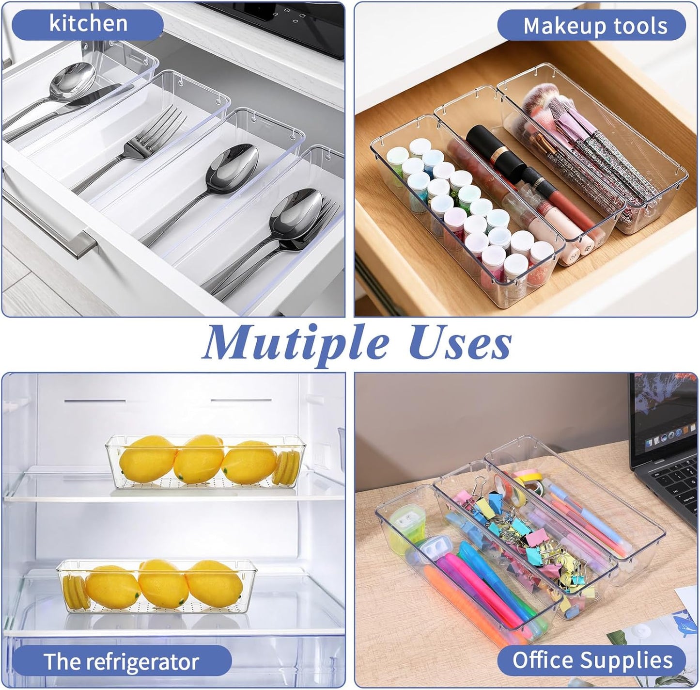 12 Pack Clear Plastic Kitchen Drawers Organizer 9 * 3 * 2 Inch Stackable Storage Trays for Kitchen Utensils Makeup Jewelry Office Supplies Bathroom and Dressing Table