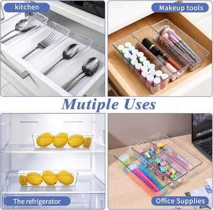 12 Pack Clear Plastic Kitchen Drawers Organizer 9 * 3 * 2 Inch Stackable Storage Trays for Kitchen Utensils Makeup Jewelry Office Supplies Bathroom and Dressing Table