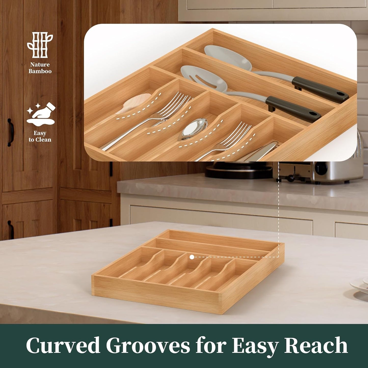 Small Silverware Organizer, Bamboo Kitchen Drawer Organizer, Utensil Holder, Cutlery Tray & Spoon Flatware Storage with Grooved Drawer Dividers (6.7''W x 12''D)