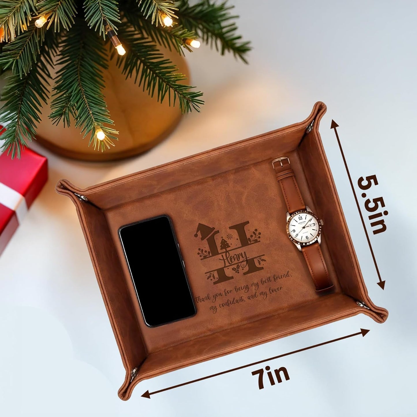 Personalized Engraved Leather Tray for Men with Engraved Name, PU Leather Valet Organizer for Dad, Custom Gift for Him, Custom Catchall Tray for Desk, Office, Accessories Travel Organizer for Men