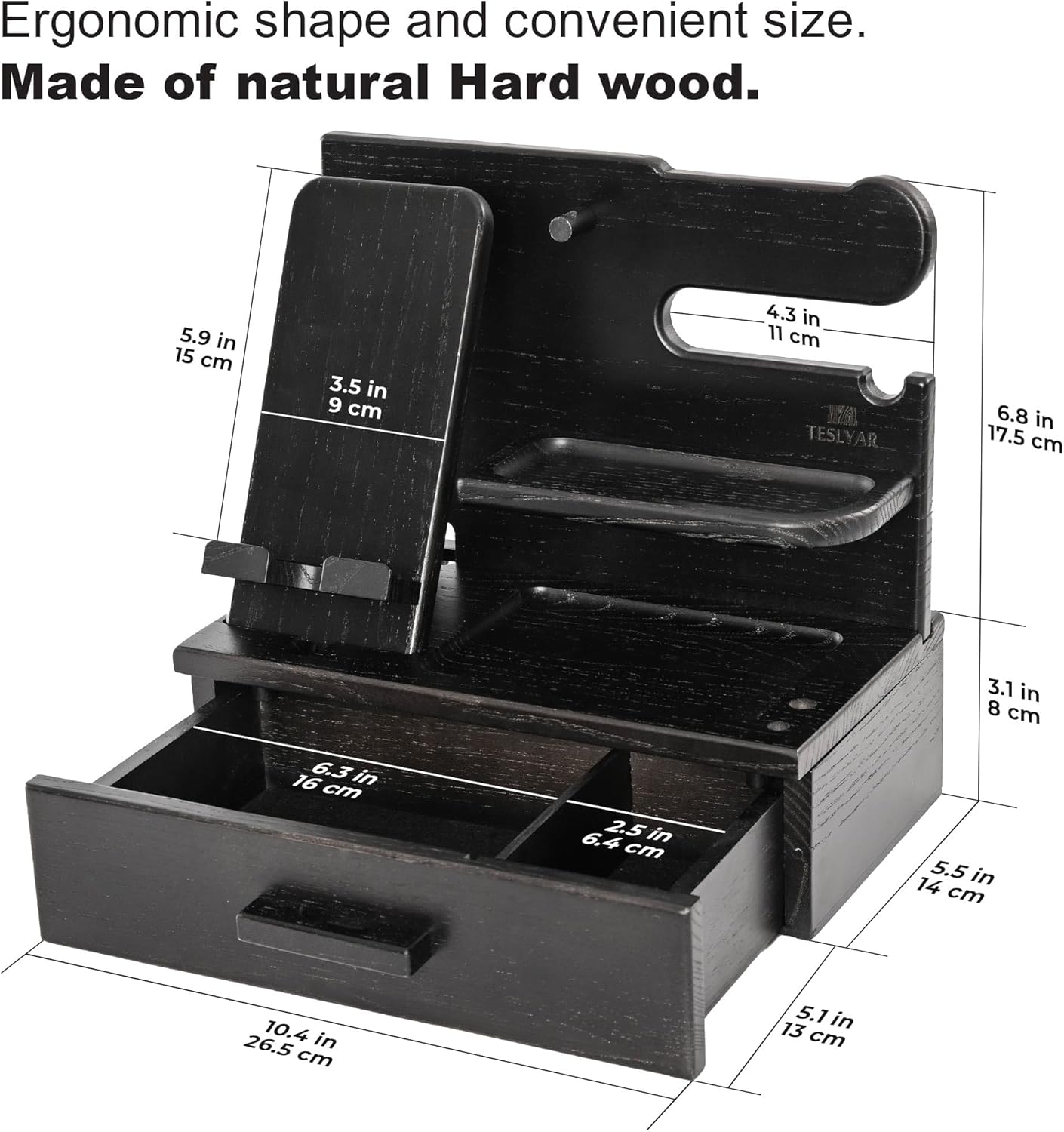 TESLYAR Wood Phone Docking Station with Drawer - Nightstand Organizer - Desk Organizer for Husband - Birthday Gifts for Men, Dad, Anniversary Idea, Key Holder Stand Watch & Accessories (Antique Brown)