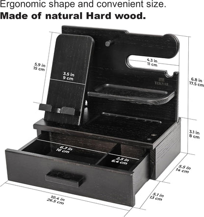 TESLYAR Wood Phone Docking Station with Drawer - Nightstand Organizer - Desk Organizer for Husband - Birthday Gifts for Men, Dad, Anniversary Idea, Key Holder Stand Watch & Accessories (Antique Brown)