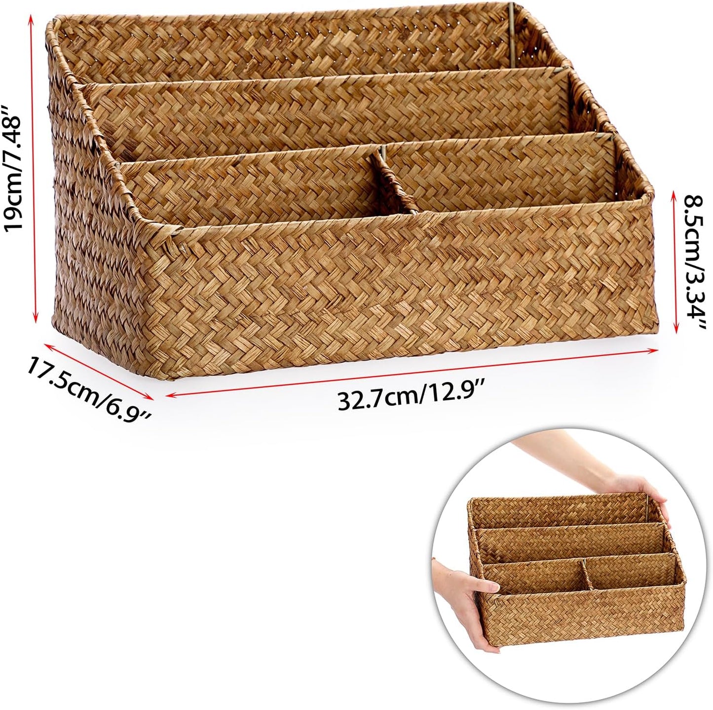 BTSKY Woven Storage Basket Natural Seagrass Vertical Wicker Storage Baskets with 4 Compartments Desk Organizers and Storage Magazine File Holder Home Office Supplies Sorter Rack, Coffee
