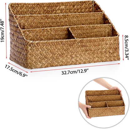 BTSKY Woven Storage Basket Natural Seagrass Vertical Wicker Storage Baskets with 4 Compartments Desk Organizers and Storage Magazine File Holder Home Office Supplies Sorter Rack, Coffee
