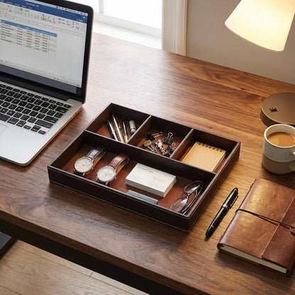 Faux Leather Valet Tray for Men, PU Leather Stackable Jewelry Tray, Men's Nightstand Caddy Trays, Valet Trays Desk Organizer for Key, Wallet, Phone, Coin, Sunglass, Watch, Brown