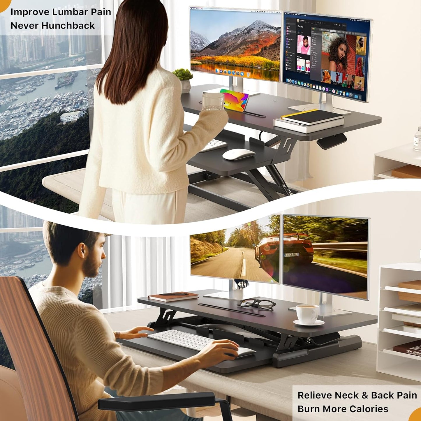 JOY worker Standing Desk Converter, 32" Wide Height Adjustable Sit Stand Up Desk Riser with Keyboard Tray, Desktop Workstation Riser for Home Office Computer Laptop, Particle Board, White
