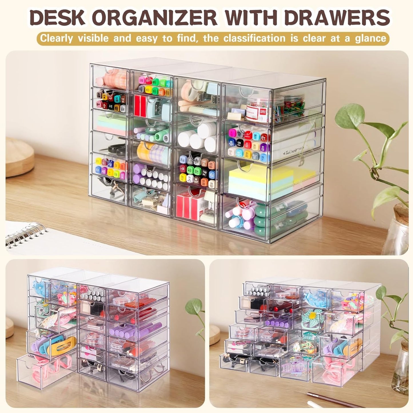 VZKAH Clear Acrylic Organizer with Drawers | 15-Drawer Desktop Unit | Makeup & Desk Organization and Storage Box for Office, Craft, Vanity Table, Bathroom, Home Essentials
