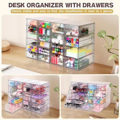 VZKAH Clear Acrylic Organizer with Drawers | 15-Drawer Desktop Unit | Makeup & Desk Organization and Storage Box for Office, Craft, Vanity Table, Bathroom, Home Essentials