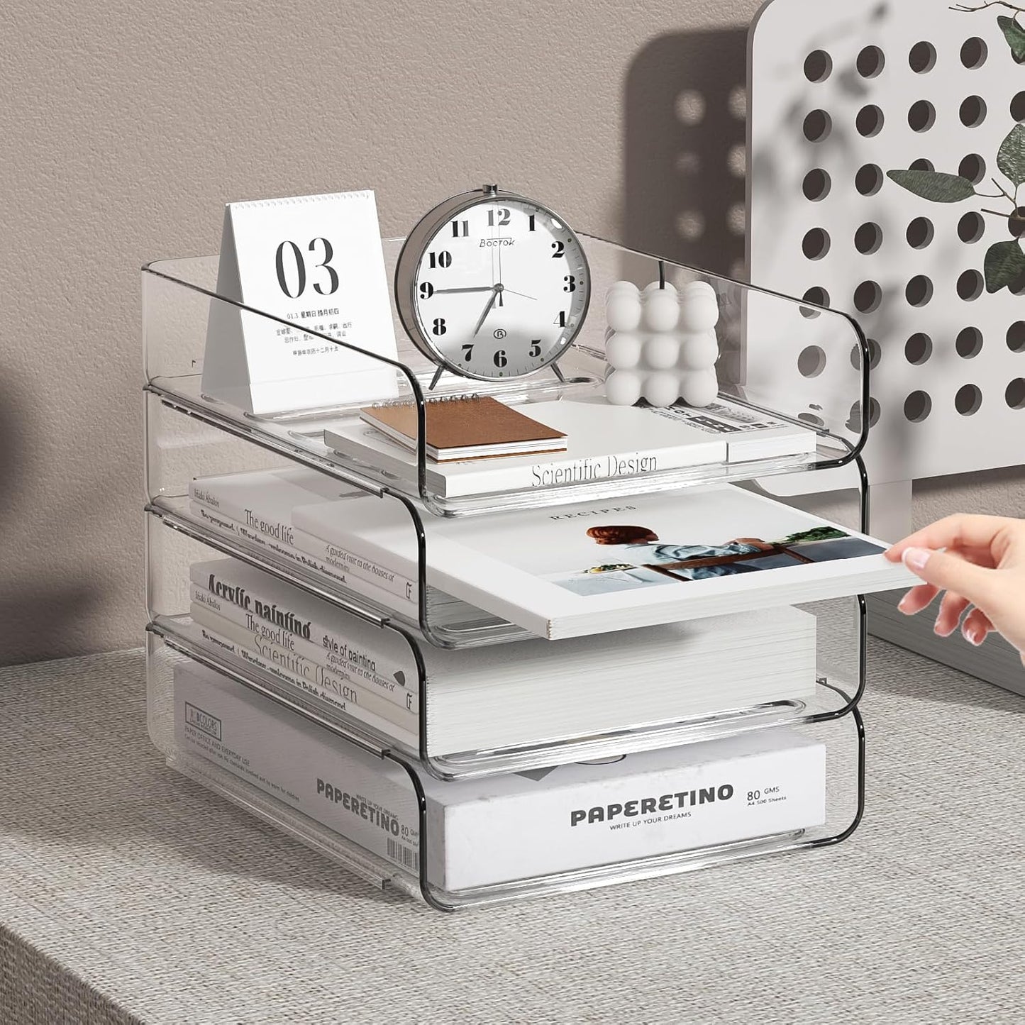 FANXIYQ 4-Tier Acrylic Paper Tray Organizer | Clear Stackable Desk Organizer for Documents, Letters, A4 Paper | Modern Office/Classroom/Home Organization