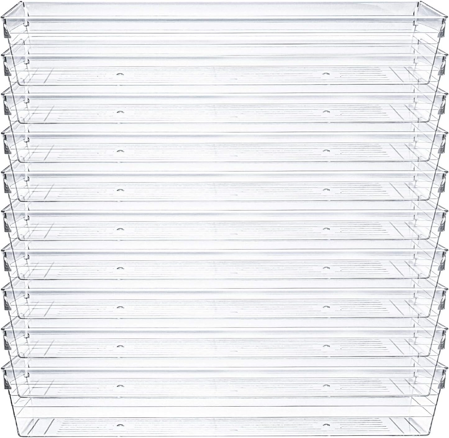 Kingrol 10 Pack 12 x 3 x 2 Inch Clear Drawer Organizer Trays, Desk Drawer Divider Storage Bins, Storage Box Set for Kitchen Bathroom Office Supplies