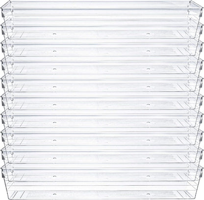 Kingrol 10 Pack 12 x 3 x 2 Inch Clear Drawer Organizer Trays, Desk Drawer Divider Storage Bins, Storage Box Set for Kitchen Bathroom Office Supplies