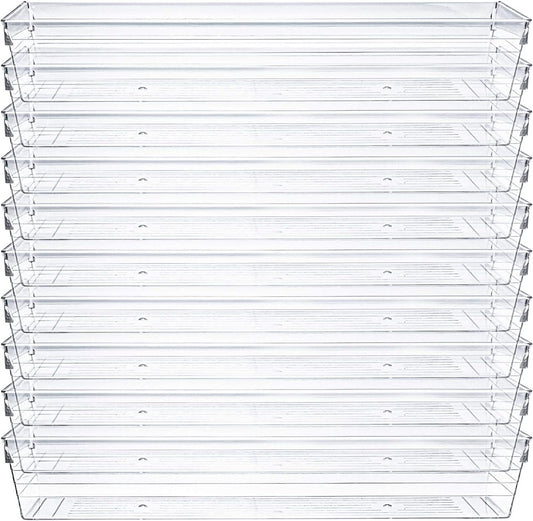 Kingrol 10 Pack 12 x 3 x 2 Inch Clear Drawer Organizer Trays, Desk Drawer Divider Storage Bins, Storage Box Set for Kitchen Bathroom Office Supplies