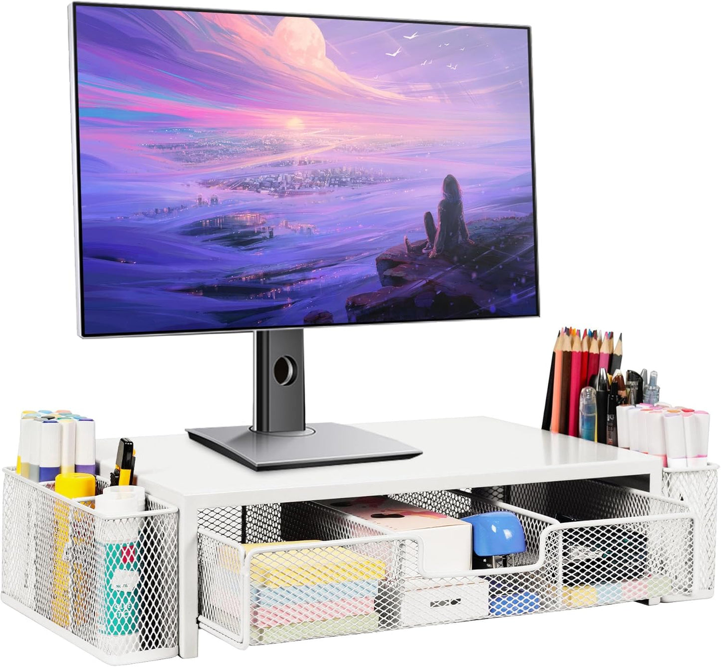 Qupui Computer Monitor Stand Riser with Drawer and Pen Holders, Desk Organizer Shelf and Accessories, Office Desk Accessories, Office Organization, Black