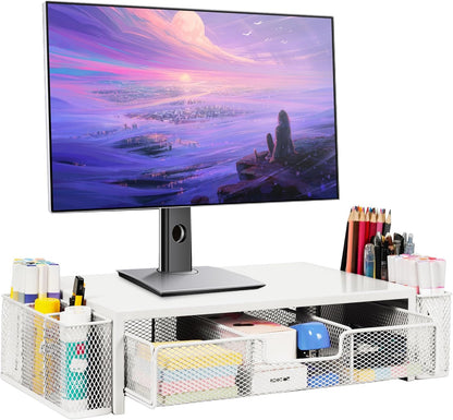 Qupui Computer Monitor Stand Riser with Drawer and Pen Holders, Desk Organizer Shelf and Accessories, Office Desk Accessories, Office Organization, Black